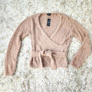 Bebe Soft Yarn Open Knit‎ Surplice Sweater Top Beige Women's Size XL